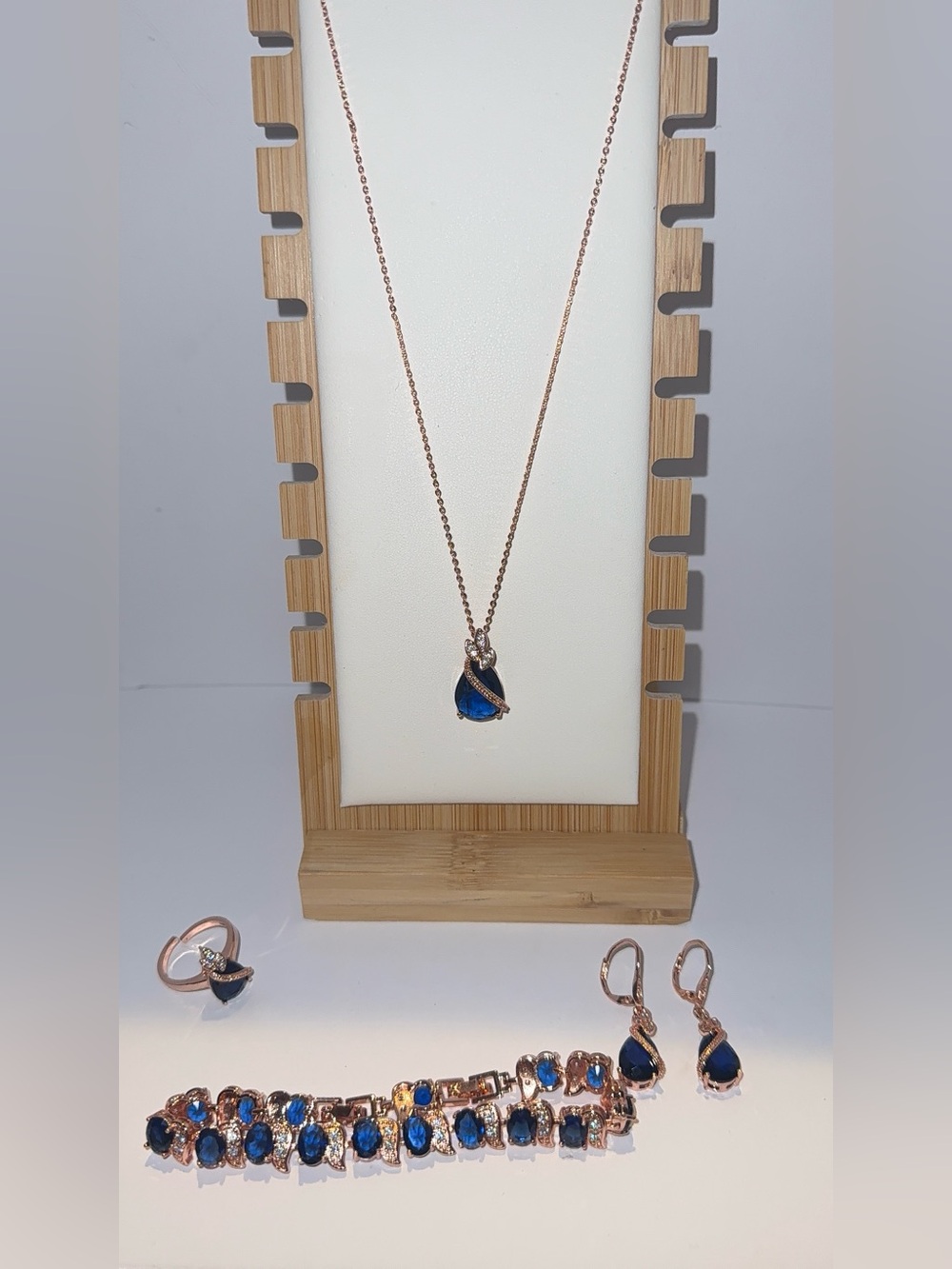 Rose Gold Blue Sapphire Teardrop Jewelry Set 4pc Necklace Bracelet Ring Earrings